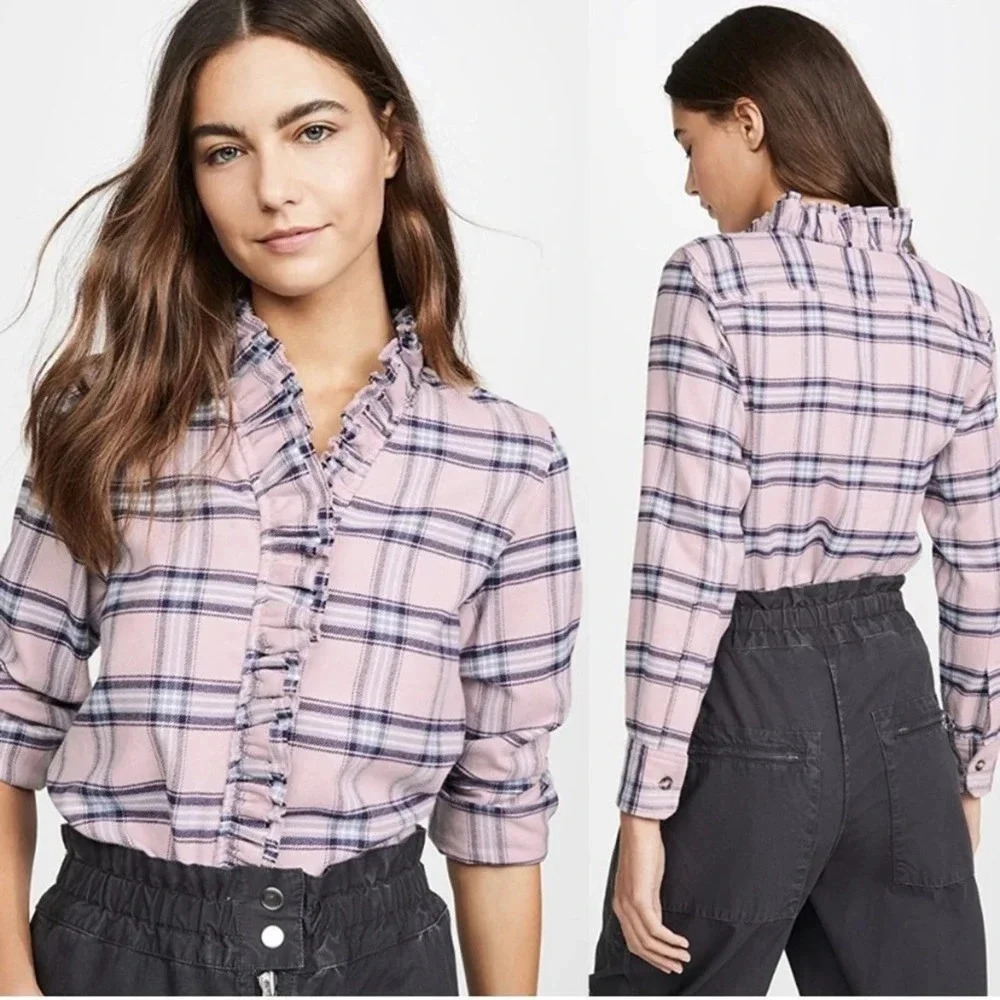 Isabel Marant Etoile Awendy Plaid Ruffle Button Down Flannel Long Sleeve Size 2